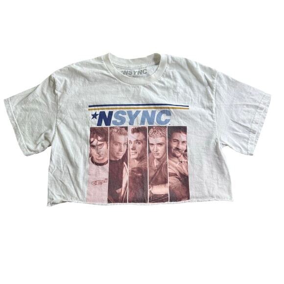 *NSYNC Boy Band Goodie Two Sleeves White Cut Cropped Crew Neck T-Shirt Sz M - Picture 1 of 9